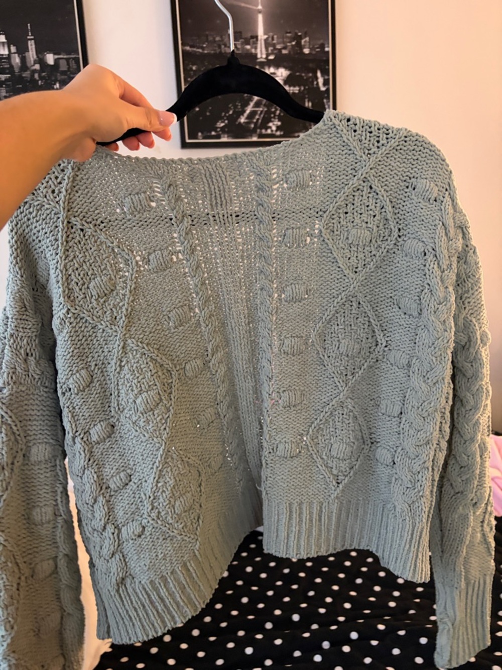 Jessica Simpson Open-Front Cable Knit Cardigan - Sage Blue - Picture 2 of 4